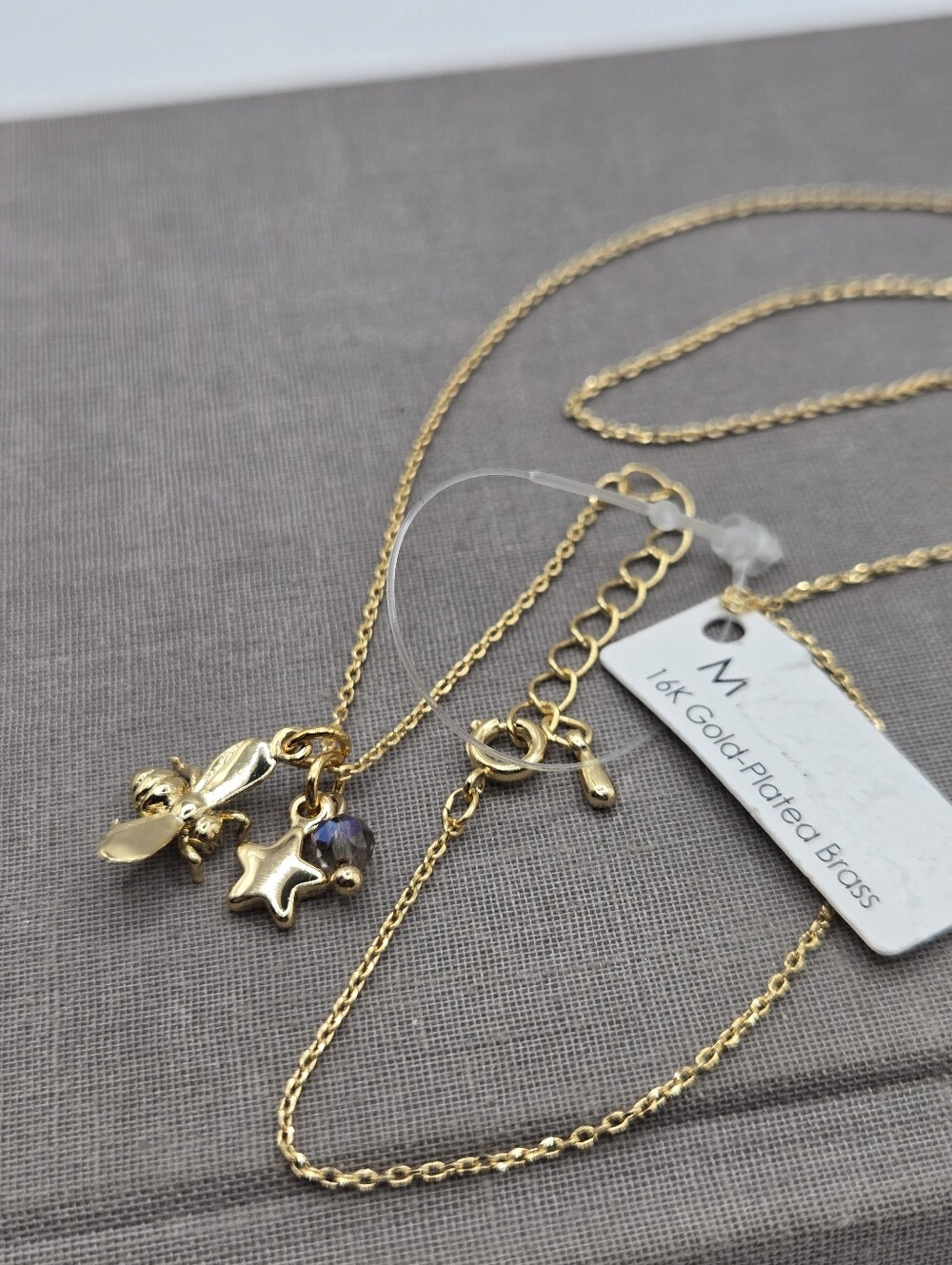 Gold Dainty Chain Bee Star Charm Necklace 16K Plated Bumblebee Fairycore Boho